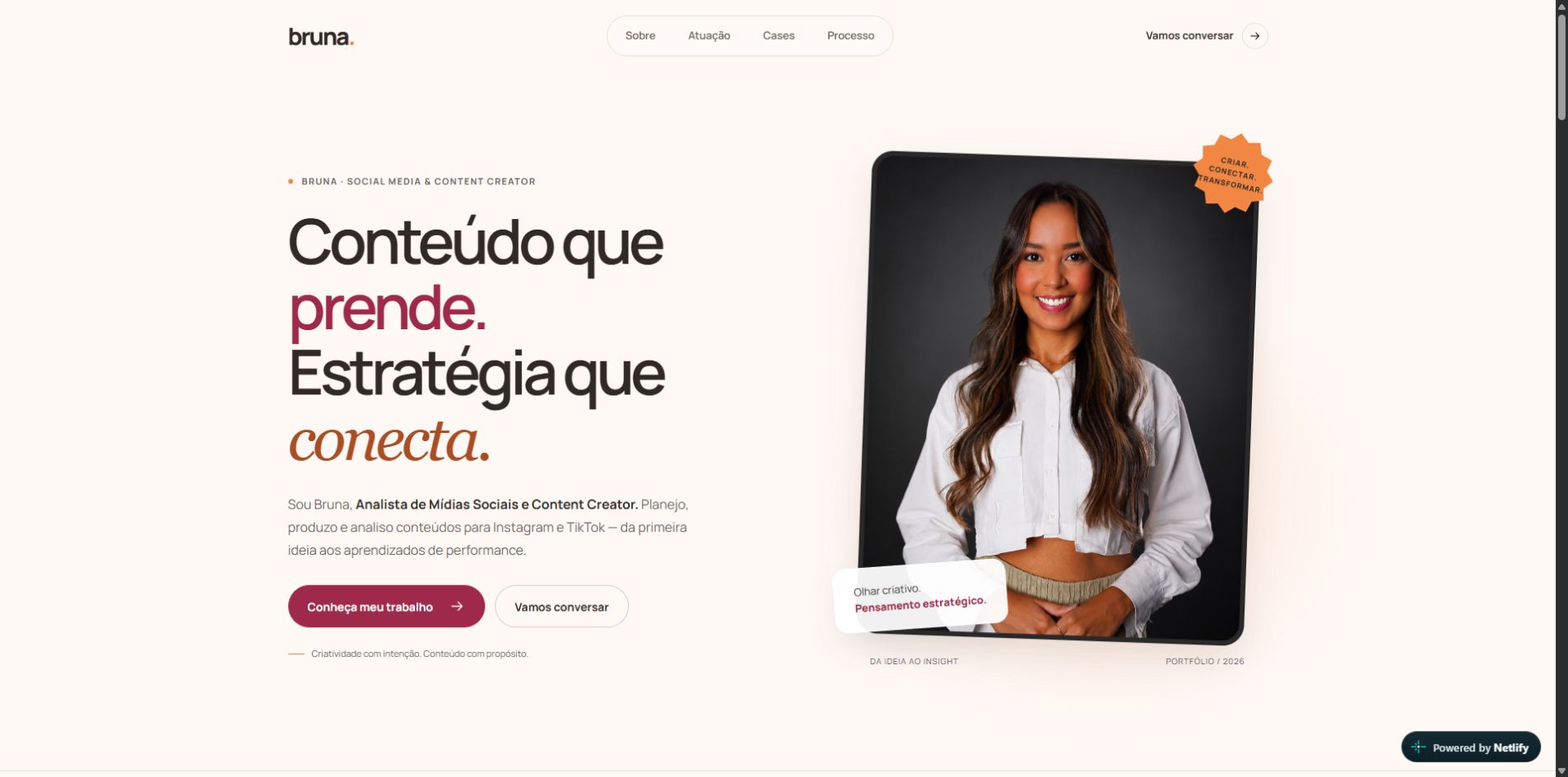 Captura real do site de portfólio de Bruna, Social Media & Content Creator